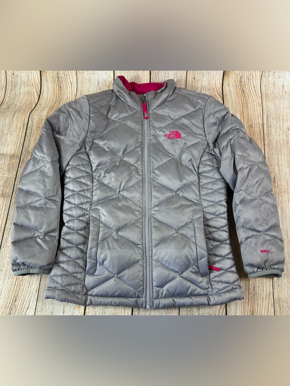 The North Face Girls Down Puffer 550 Jacket Silver Pink Large 14/16 Coat